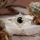 Round Cut  Black Onyx Engagement Ring Cluster 6-Prong Setting